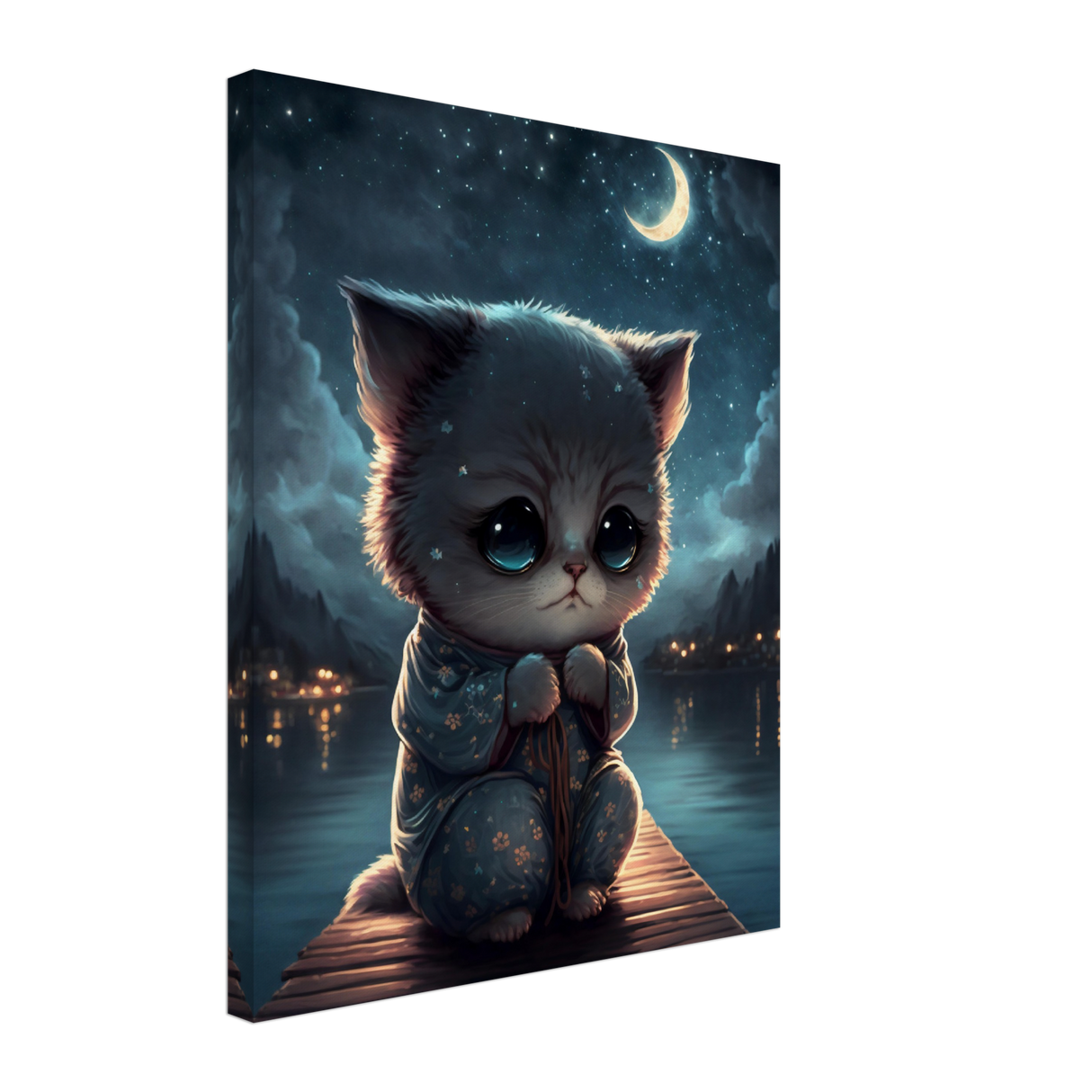 Kawaii Kitten under the Moon Canvas Print - WallLumi Canvases