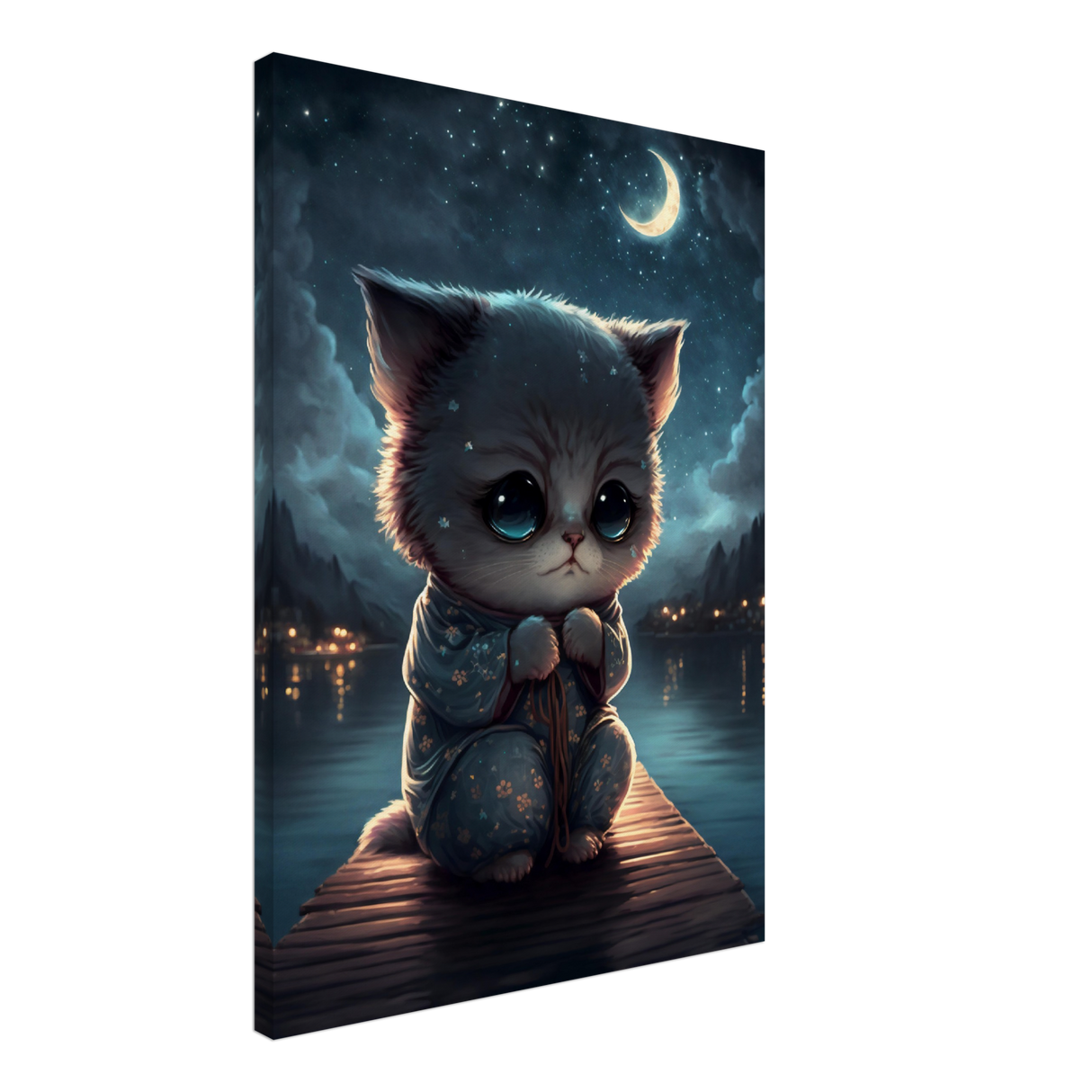 Kawaii Kitten under the Moon Canvas Print - WallLumi Canvases