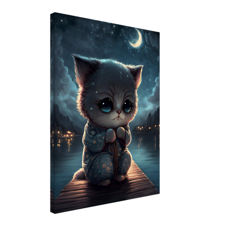 Kawaii Kitten under the Moon Canvas Print - WallLumi Canvases