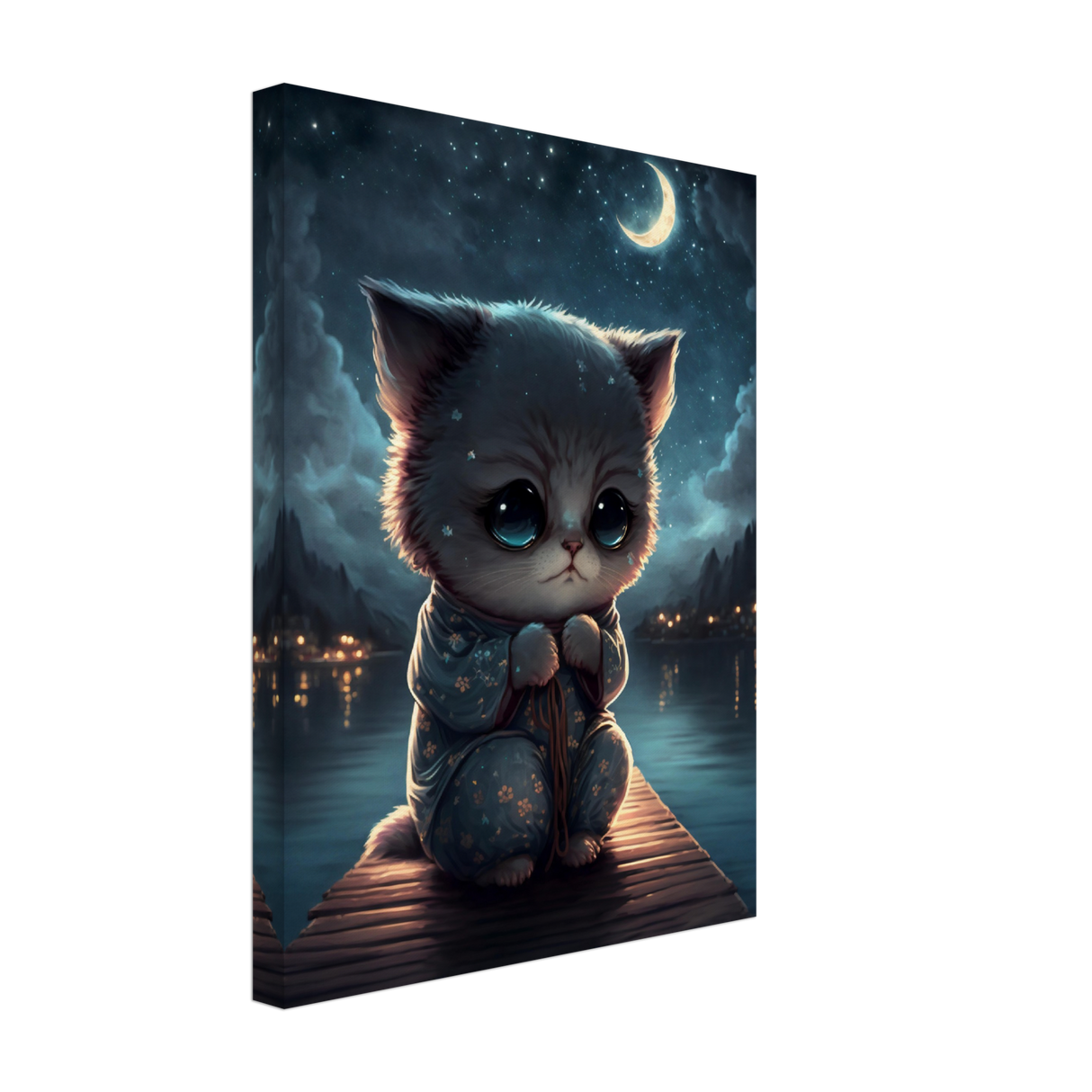 Kawaii Kitten under the Moon Canvas Print - WallLumi Canvases